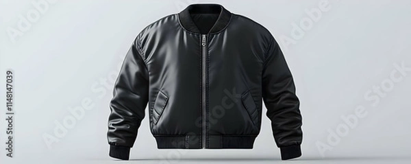 Obraz A sleek black bomber jacket displayed against a neutral background, showcasing its design.