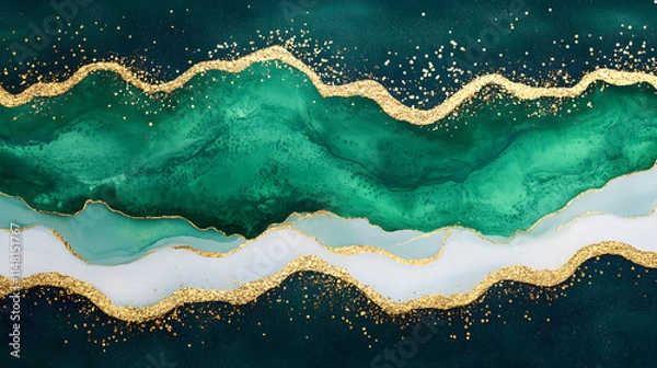 Fototapeta An abstract painting with turquoise and gold hues, blending fluid shapes and bold strokes to create a modern, artistic composition that evokes a sense of luxury, sophistication, and dynamic energy, pe