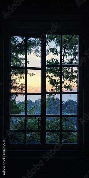 Obraz A tranquil scene of a sunset viewed through a window, framed by lush trees and a peaceful horizon.