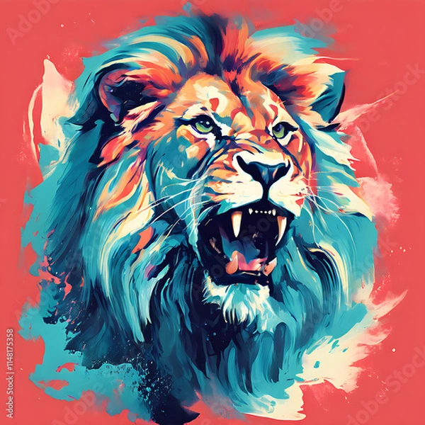 Fototapeta design a roaring lion with a cub beside it both emerging from splashes of bright teal and coral