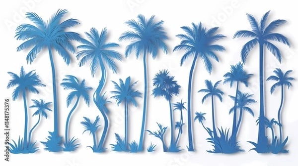 Fototapeta Blue Silhouette of Tropical Palm Trees Against a White Background, Perfect for Summer Themes, Vacation Ideas, and Beach Related Designs
