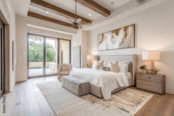 Obraz Large bedroom with a white bed, a white rug, and a white dresser. Banner