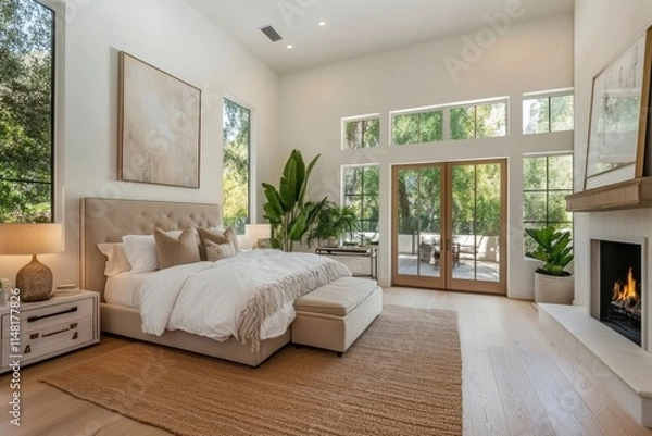 Obraz Large bedroom with a white bed, a fireplace, and a large window. Banner