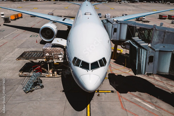 Fototapeta Front view of airplane at airport on sunny day. Preparation passenger plane before flight..