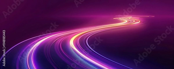 Fototapeta Abstract glowing purple and pink light trails curving on dark background.