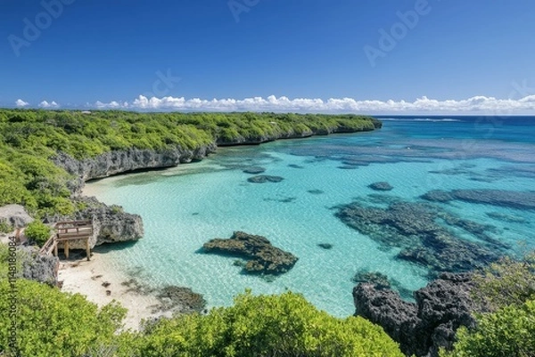Fototapeta At sunset, close-up planet Mars has mountains and water with a starry sky panorama. Stock image.. Beautiful simple AI generated image