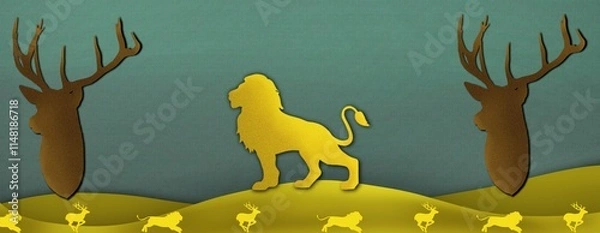 Fototapeta 2D paper cut golden lion and brown deer head on rough soft green background. Golden lion hunts golden deer, 2D safari digital canvas, wallpaper