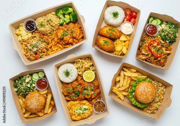 Fototapeta Set of Takeaway Food Boxes on White Background
