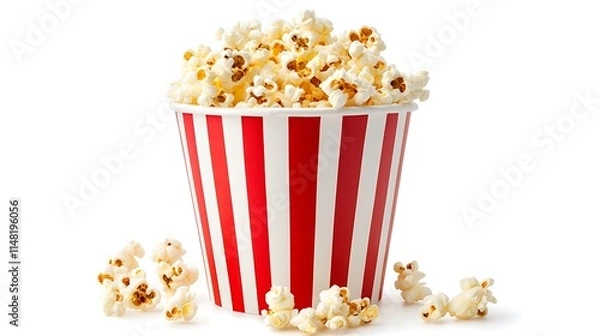 Fototapeta A close-up of a red and white striped paper bucket filled to the brim with popcorn. Several pieces are scattered near the base.