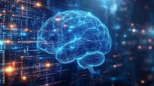 Obraz Abstract digital brain illustration against a binary code background, representing artificial intelligence and neural networks.