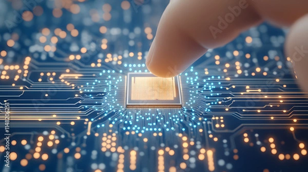 Obraz Realistic close-up of a finger touching a chip on a circuit board, symbolizing technology, innovation, and precision, capturing the intricate details of digital components and the connection between h
