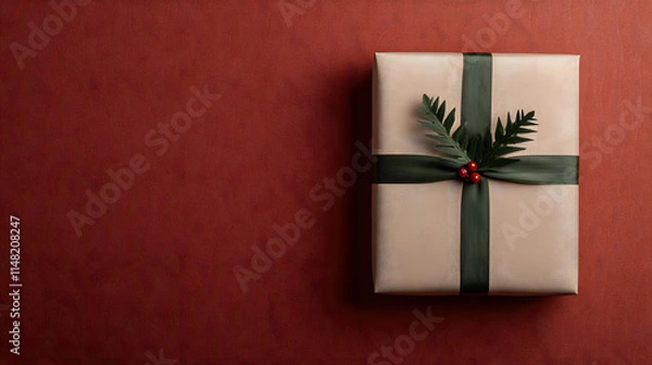 Obraz A red gift box with a green ribbon, symbolizing the festive spirit of Christmas, beautifully wrapped for holiday celebrations, evoking feelings of joy, warmth, and the excitement of giving and receivi