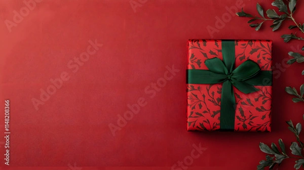 Fototapeta A red gift box with a green ribbon, symbolizing the festive spirit of Christmas, beautifully wrapped for holiday celebrations, evoking feelings of joy, warmth, and the excitement of giving and receivi