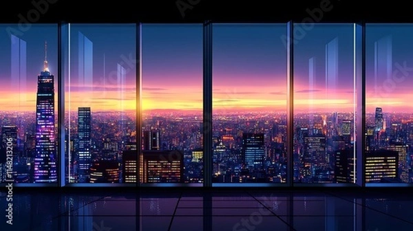 Obraz City view from glass window at sunset.