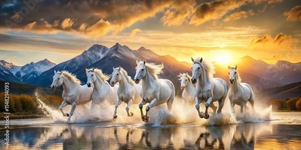 Fototapeta Majestic White Horses Running Mountain Morning Double Exposure Wallpaper