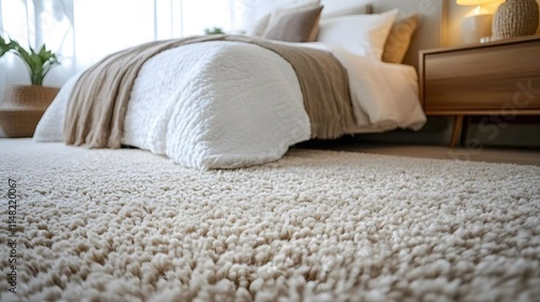 Fototapeta Beige plush carpet, walnut nightstand, white bedding. Minimalist bedroom interior with soft lighting, clean design, cozy atmosphere, premium textiles in warm neutral tones.