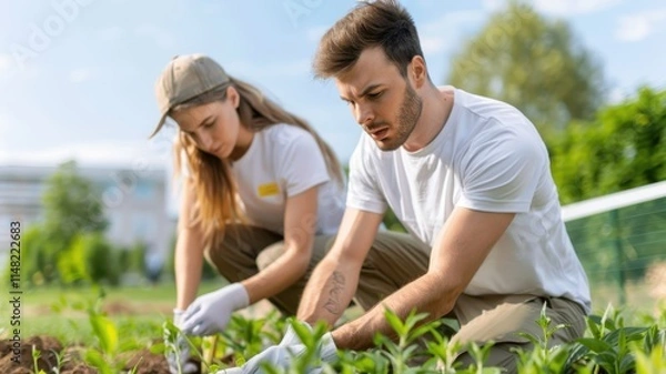 Fototapeta Two individuals are gardening together, focused on planting young seedlings in a lush green environment under a bright sky.