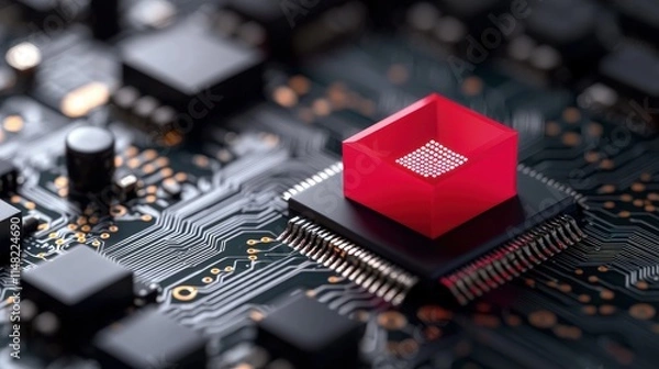 Fototapeta Red cube on microchip, circuit board detail.
