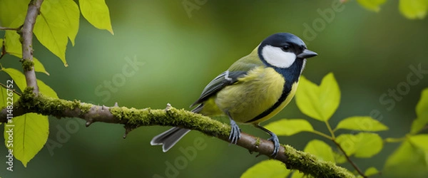Fototapeta Great Tit Perched Gracefully on a Leafy Branch in Natural Surroundings.