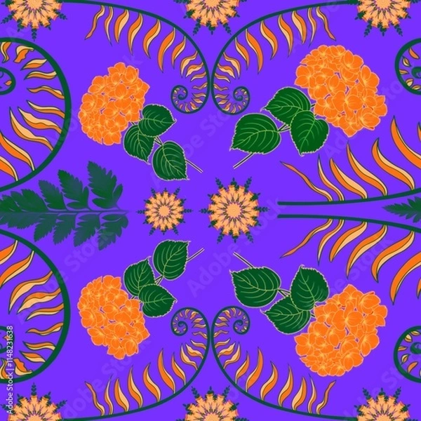 Fototapeta Orange bouquets and green leaves seamless repeating pattern on purple background.