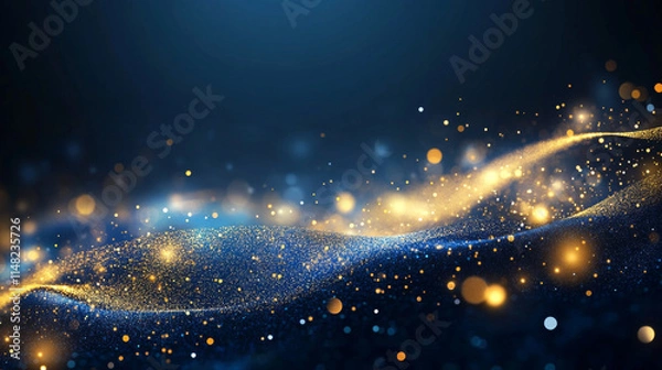 Fototapeta Abstract dark blue and gold particle background with Christmas golden light bokeh, shining particles on navy blue, gold foil texture, festive holiday concept