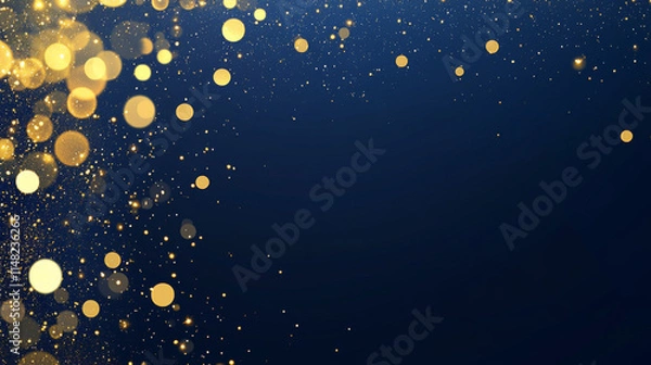 Fototapeta Abstract dark blue and gold particle background with Christmas golden light bokeh, shining particles on navy blue, gold foil texture, festive holiday concept
