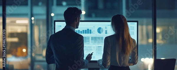 Obraz Business partnership analyzing budget charts in modern office environment at night