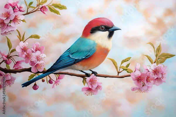 Fototapeta beautiful colorful bird perched on flowering branch, surrounded by pink blossoms. vibrant plumage features shades of blue, red, and orange, creating stunning visual against soft background