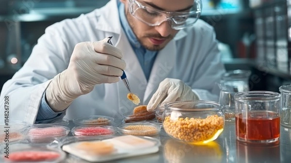 Obraz Food quality control expert inspecting at food specimen