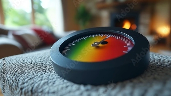 Obraz Satisfaction meter concept with a happy emoji selected, showcasing customer satisfaction, evaluation feedback, and excellent service in a bright 3D-rendered scene