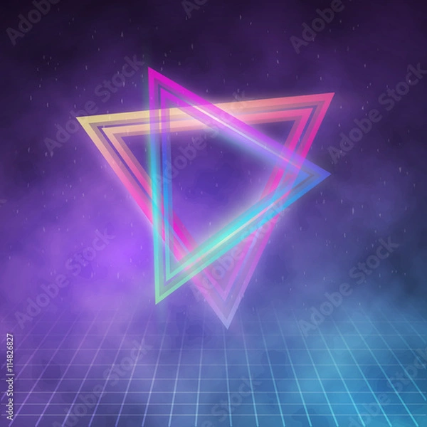 Fototapeta Illustration of Retro Party 1980 Neon Poster. Retro Disco 80s Background with Triangles, Flares, Partickles