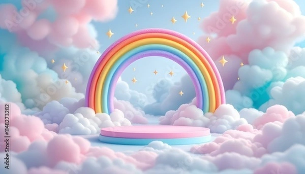 Fototapeta An empty podium on a multicolored rainbow background, an empty showcase for displaying goods. A rainbow of pastel colors, a festive round podium. 3D rendering