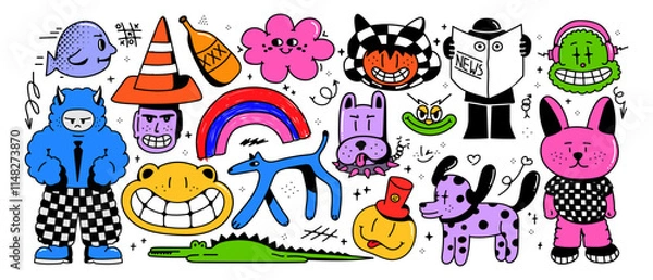 Fototapeta Abstract acid cartoon doodle colorful characters. In psychedelic style, funny stickers, checkerboard texture. Isolated on white background
