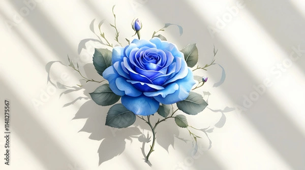 Obraz 
A close-up view of a single blue rose, showcasing its stem and lush green leaves.