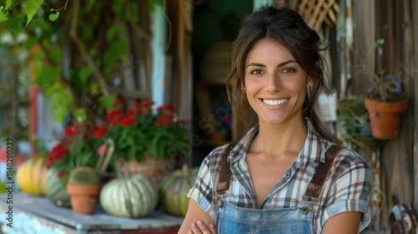 Obraz Smiling woman embraces her new journey as a small business owner amidst blooming plants