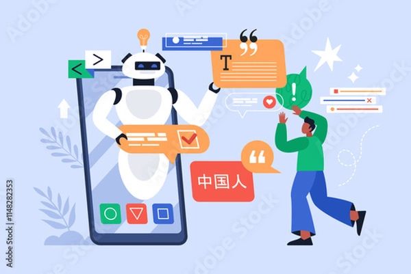 Obraz Artificial intelligence tool for supporting multi language business concept. Modern vector illustration of people using AI technology for customer support