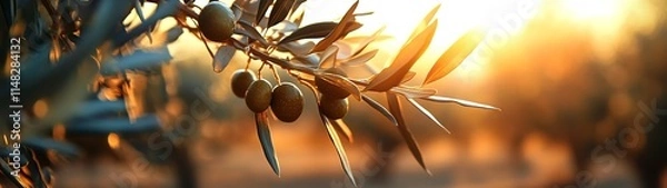 Obraz A close-up of an olive tree branch with ripe olives, set against the backdrop of an expansive olive plantation during sunset. 