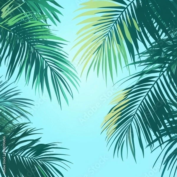 Fototapeta A tropical scene with palm trees and a blue sky. The palm trees are green and the sky is clear and bright