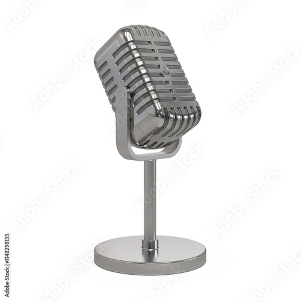 Obraz Retro microphone on a stand, metallic, isolated on a white background. Perfect for music and radio projects.