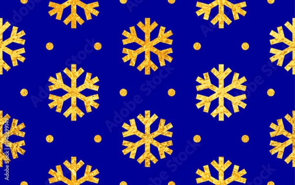 Fototapeta Snowflake seamless vector pattern for wrapping, cards, banner, flyer. Gold and blue Christmas background. New Year ornament. Gold snowflakes with glitter on blue isolated background for design.