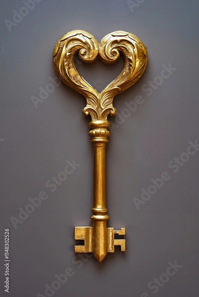 Fototapeta A golden heart shaped key on a gray background