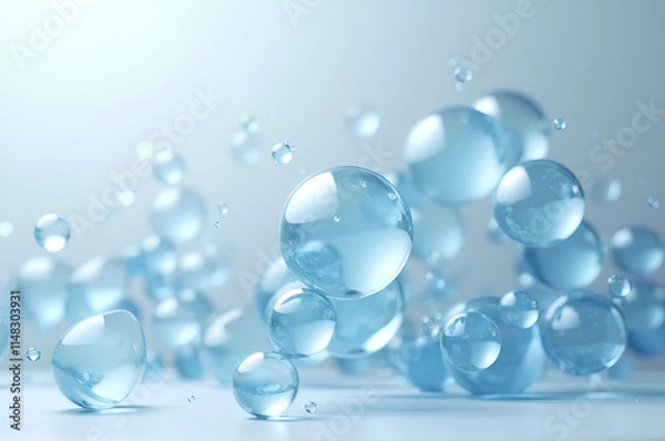 Obraz Blue bubbles drift against a grey backdrop creating an abstract design of spherical particles Ideal for promoting cosmetic products highlighting vitamins for beauty and wellness 3D rendering