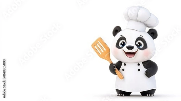 Obraz Cute panda chef cartoon character holding spatula.