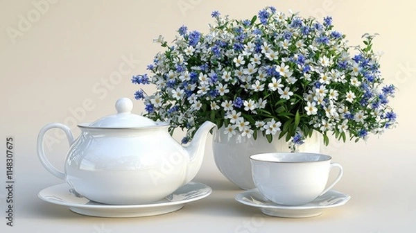 Obraz Elegant White Tea Set with Floral Arrangement on Soft Background for Relaxing Tea Moments