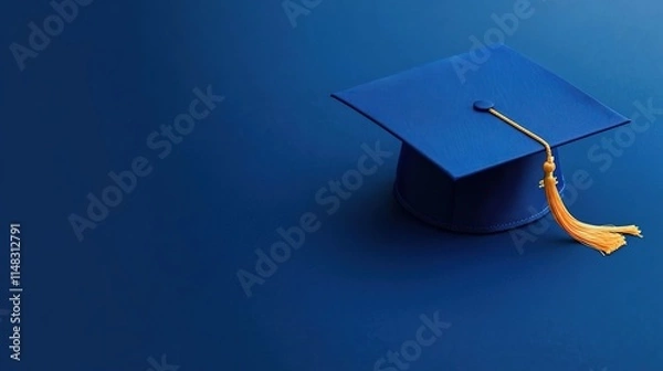 Obraz Blue graduation cap with tassel on a blue background. 