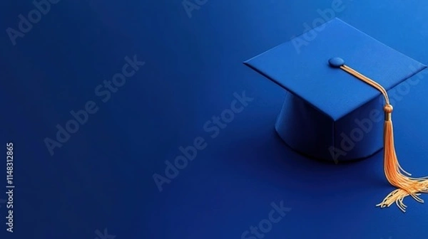 Obraz Blue graduation cap with tassel on a blue background. 