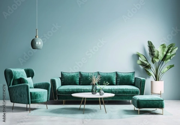 Fototapeta A stylish living room with a green velvet sofa. armchair. and ottoman. a round coffee table. and a large potted plant