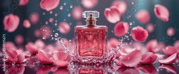 Fototapeta Elegant perfume bottle surrounded by floating pink petals and water splashes on a reflective surface.