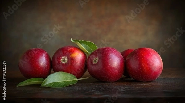 Fototapeta Five ripe red apples with green leaves on rustic wooden surface.