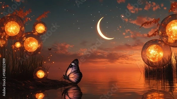 Fototapeta A mystical scene with a luminous butterfly resting by the water edge, a crescent moon in the sky, and glowing golden orbs in soft orange and deep indigo twilight.